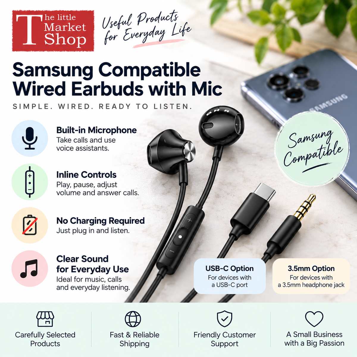 Samsung compatible wired earbuds with mic – The Little Market Shop