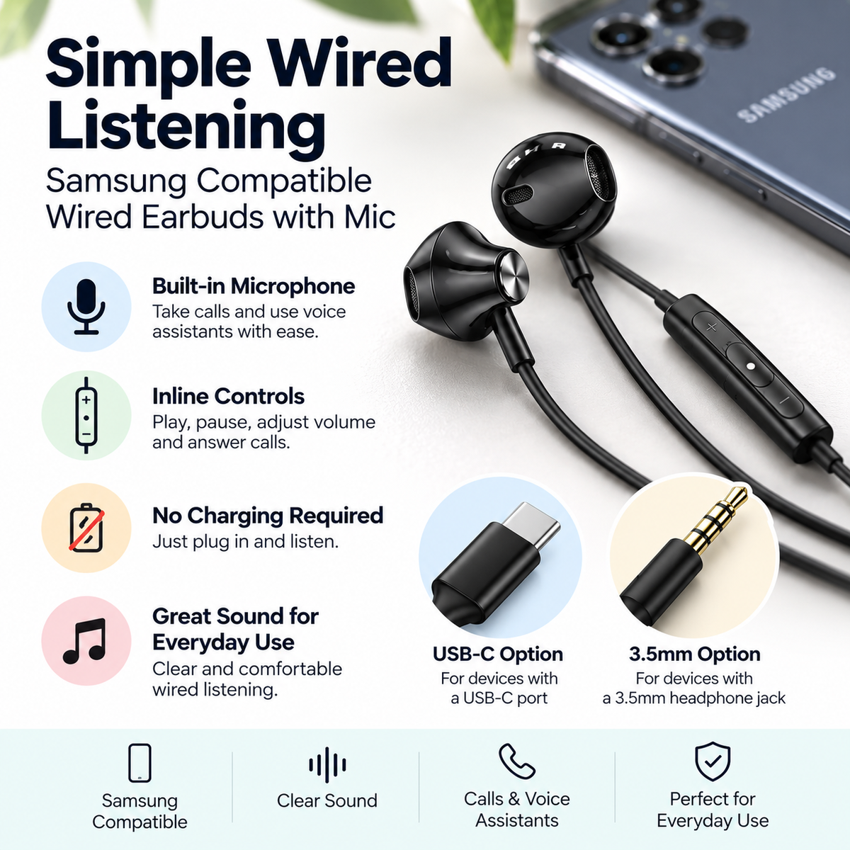 Samsung compatible wired earbuds with mic – inline controls and no charging