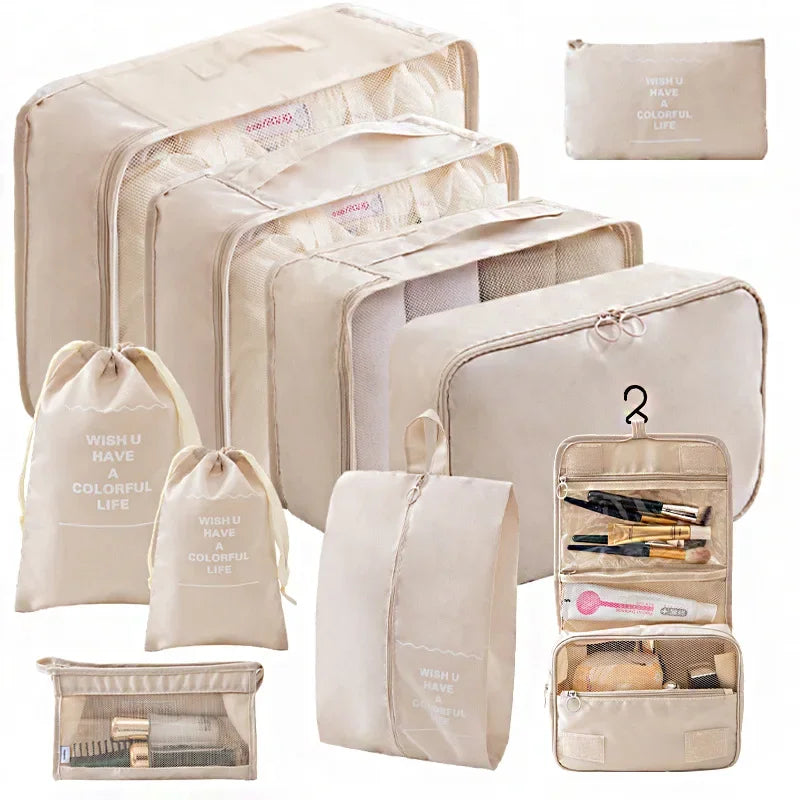 Travel packing cubes set for organised suitcase with multiple storage bags