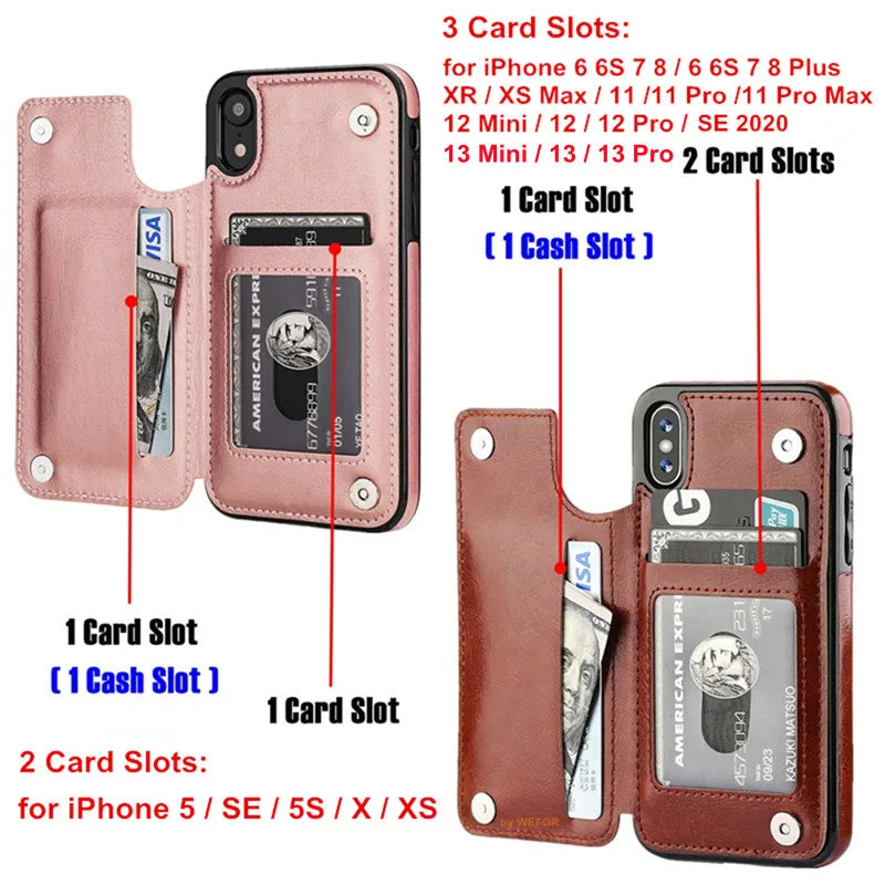 Luxury PU Leather Wallet Case For iPhone with Kickstand Card Holder Slots Cover - The Little Market Shop