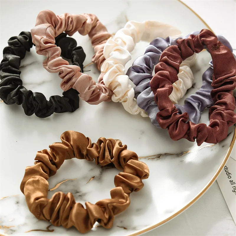 6 Pcs Elegant Silk Hair Scrunchies – Minimalist Elastic Ponytail Ties - The Little Market Shop