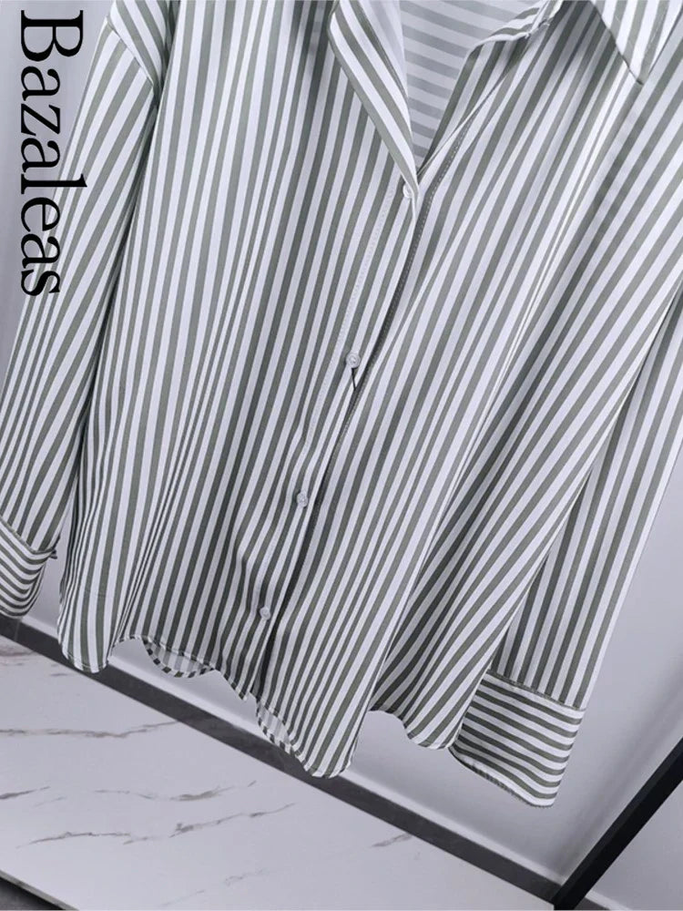 Loose Green Stripe Print Blouse – Single Breasted Casual Shirt Top - The Little Market Shop