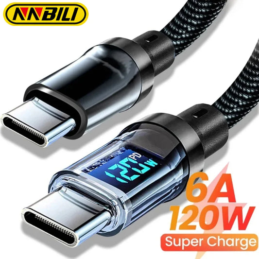 120W USB-C Fast Charging Cable with LED Power Display – 6A Braided