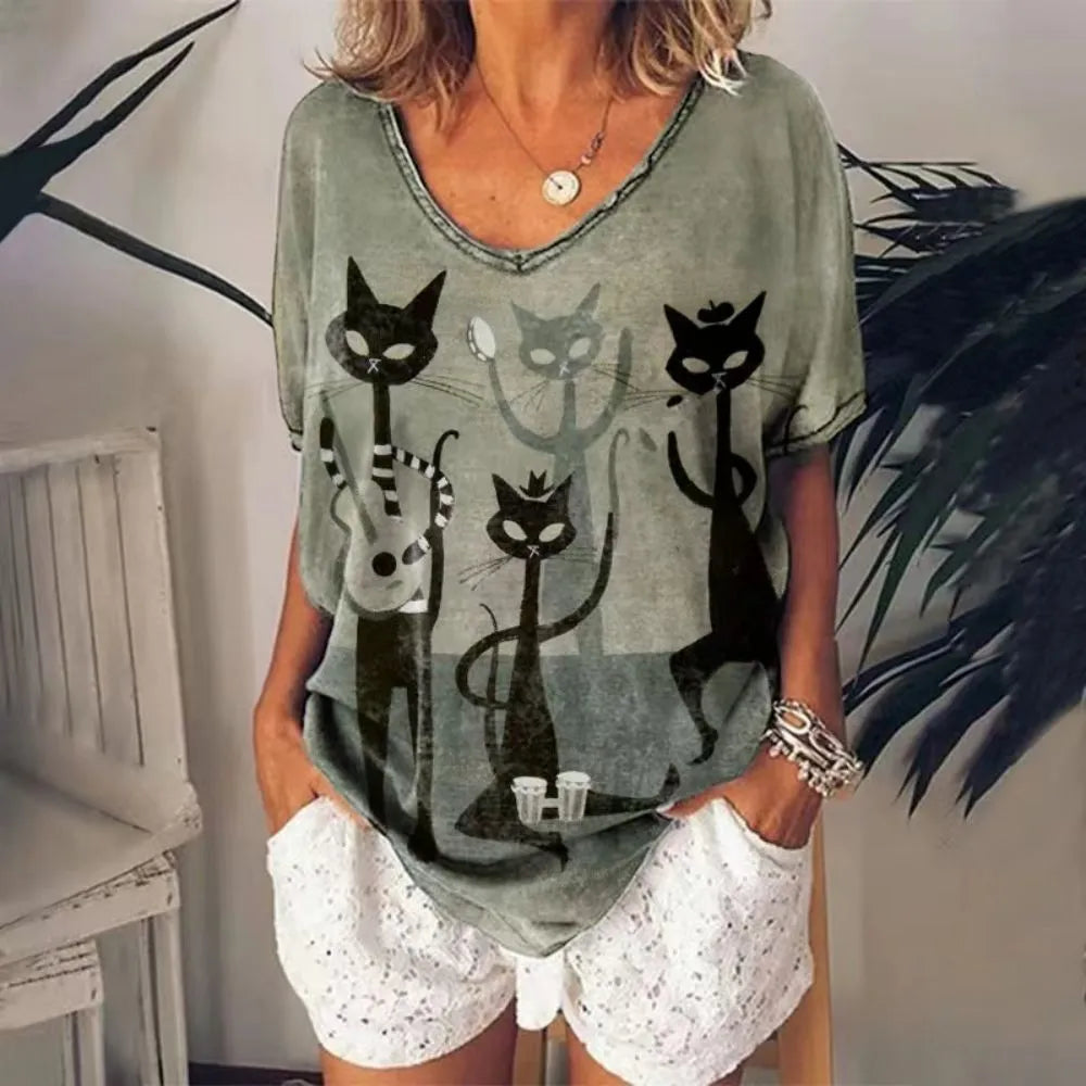 Retro Anime Cat Graphic Women's T-Shirt - Summer Streetwear Chic - The Little Market Shop