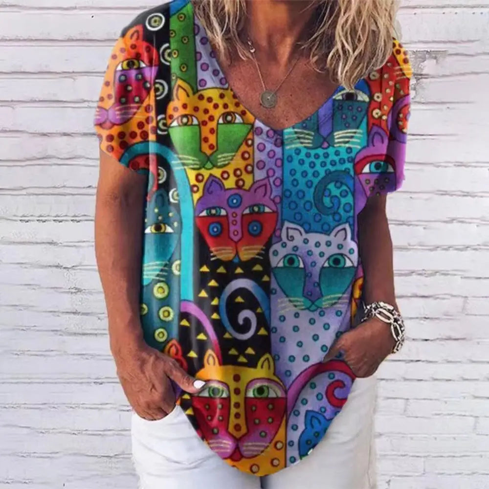 Retro Anime Cat Graphic Women's T-Shirt - Summer Streetwear Chic - The Little Market Shop