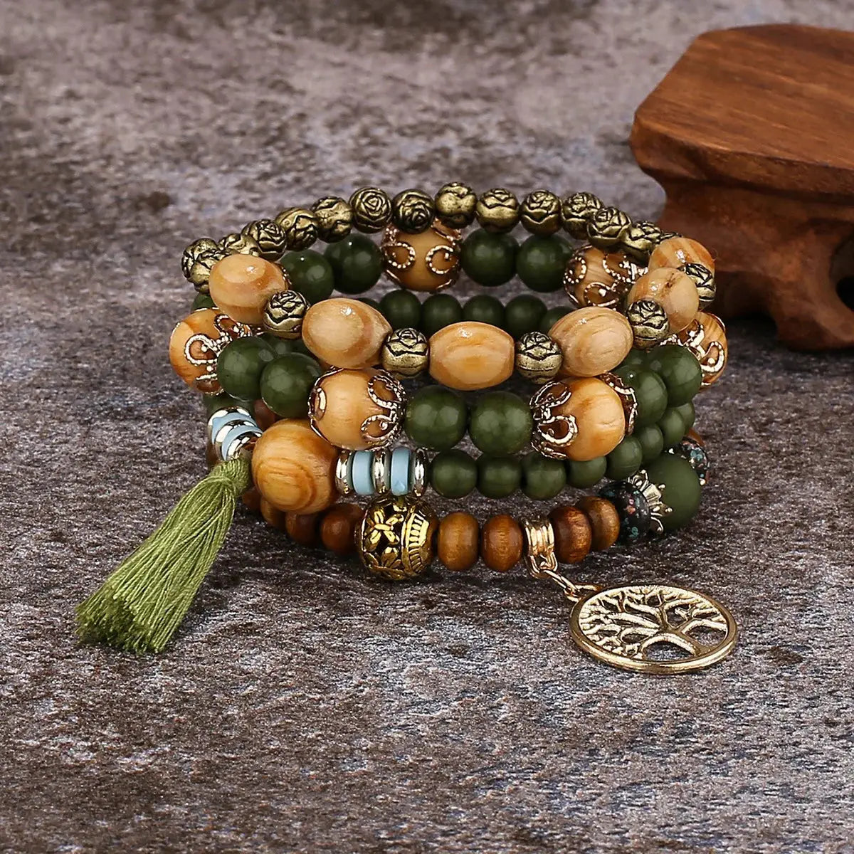 Add a touch of style with our Boho Bracelet Set: Handmade Wood Beads, Tree of Life Charms, Perfect for Bohemian Chic! - The Little Market Shop