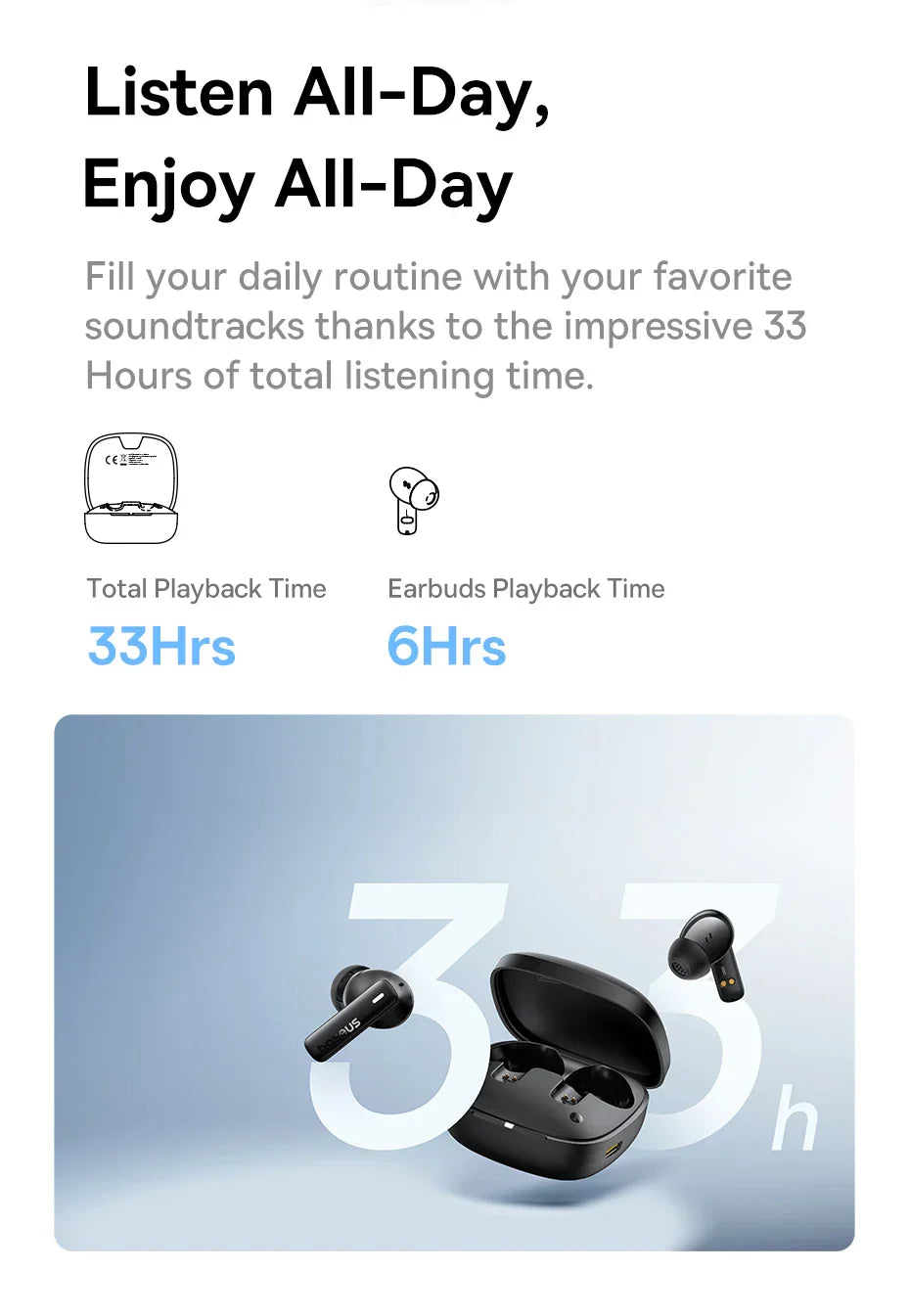 Baseus Bowie E19 Wireless Earphones Bluetooth 5.3 Big Bass 12mm Drivers IPX5 Waterproof Earbuds 33Hrs Battery Life Headphones - The Little Market Shop