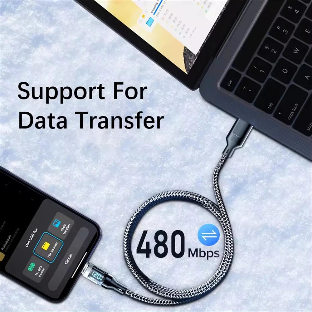 120W USB-C Fast Charging Cable with LED Power Display – 6A Braided