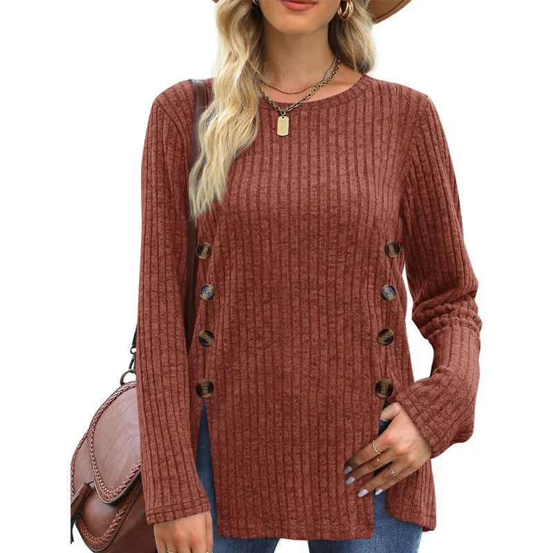 Women’s Autumn Winter Loose Button T-Shirt Casual Soft Long Sleeve Top - The Little Market Shop