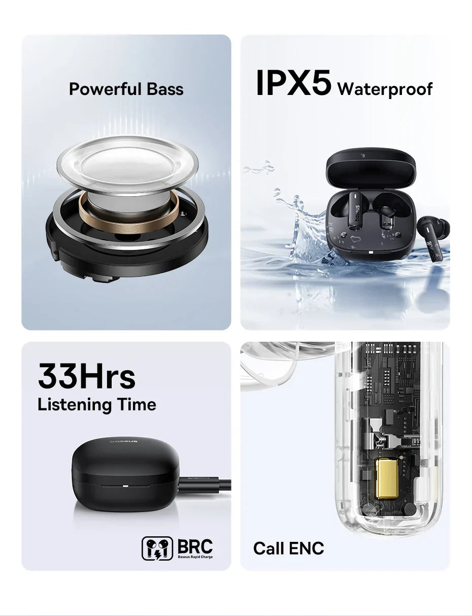 Baseus Bowie E19 Wireless Earphones Bluetooth 5.3 Big Bass 12mm Drivers IPX5 Waterproof Earbuds 33Hrs Battery Life Headphones - The Little Market Shop