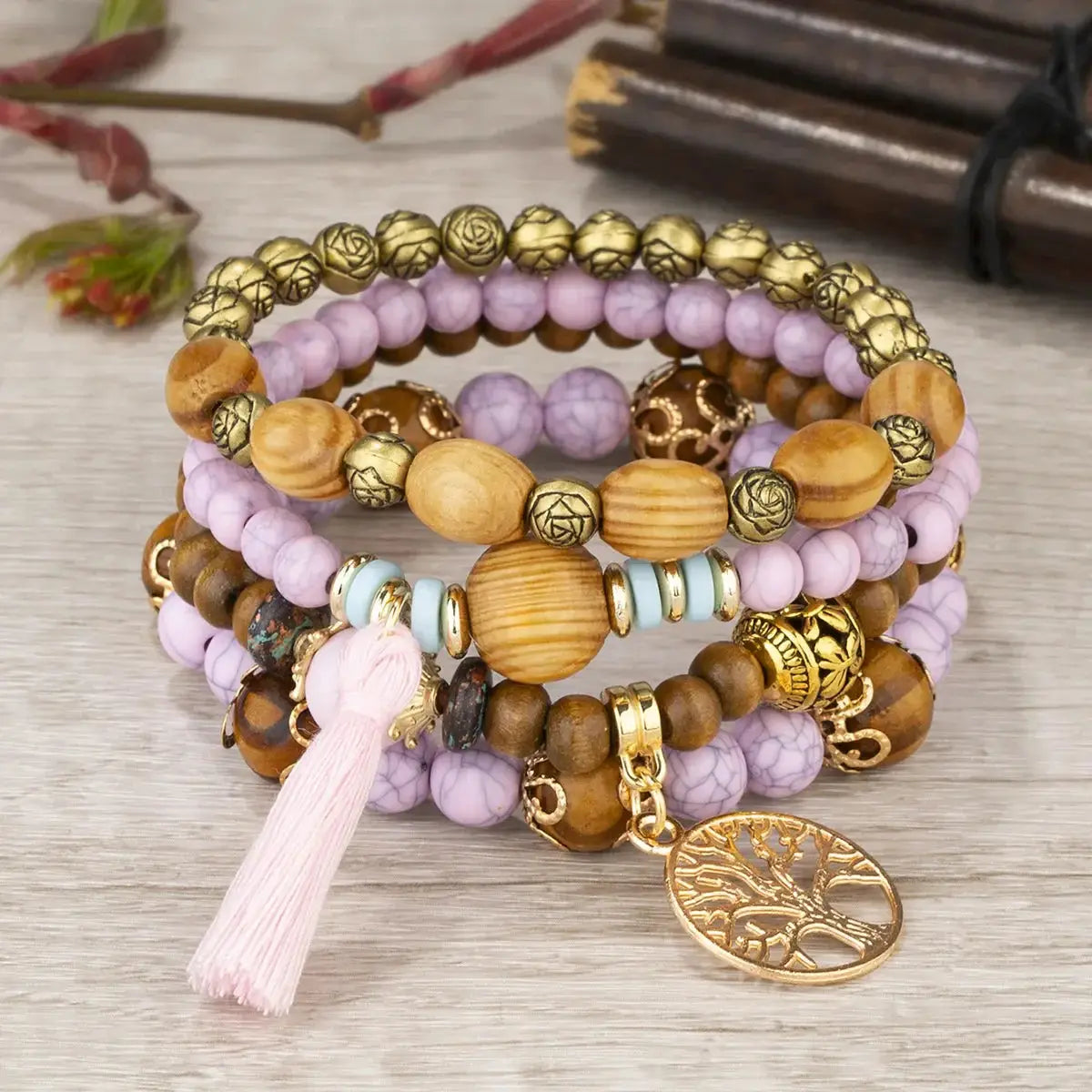 Add a touch of style with our Boho Bracelet Set: Handmade Wood Beads, Tree of Life Charms, Perfect for Bohemian Chic! - The Little Market Shop