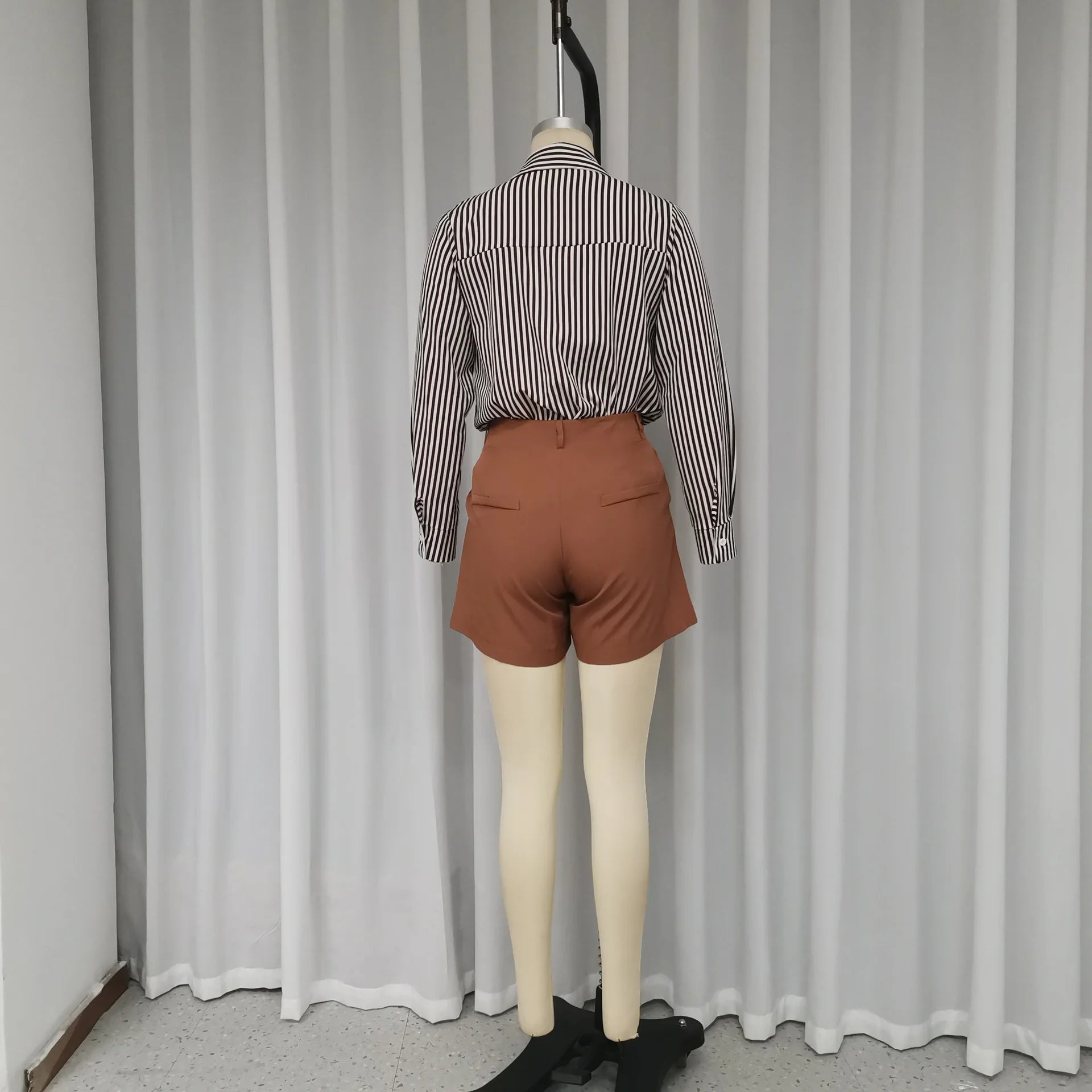 Elegant Two-Piece Shorts Set for Women – Striped Shirt with Turn-Down Collar & High-Waist Casual Shorts - The Little Market Shop