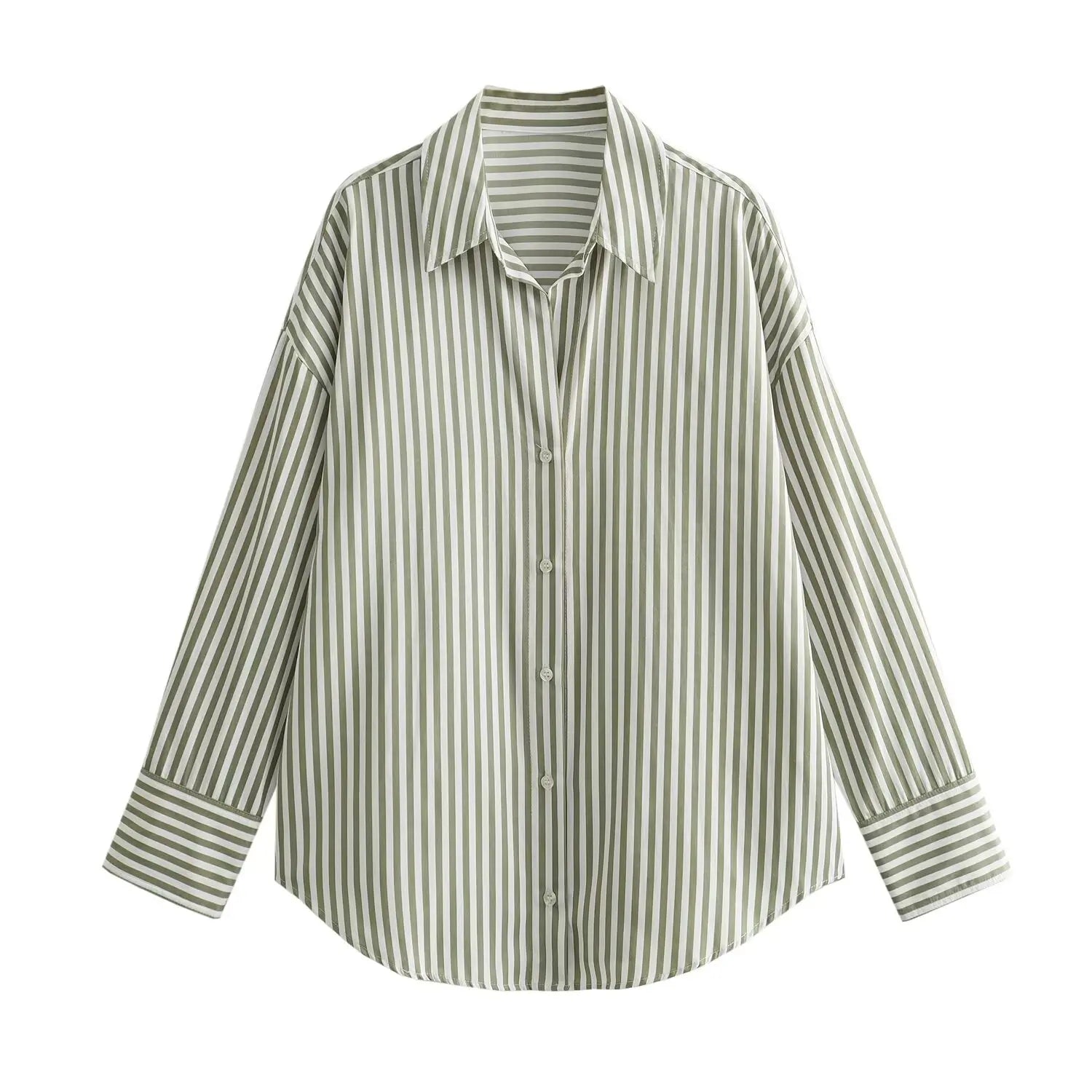 Loose Green Stripe Print Blouse – Single Breasted Casual Shirt Top - The Little Market Shop