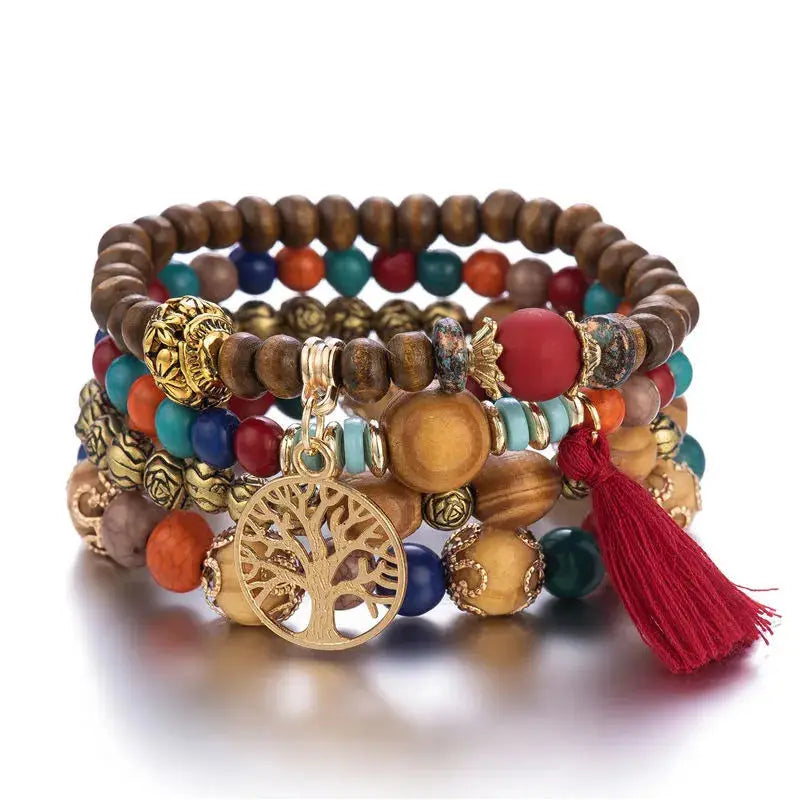 Add a touch of style with our Boho Bracelet Set: Handmade Wood Beads, Tree of Life Charms, Perfect for Bohemian Chic! - The Little Market Shop