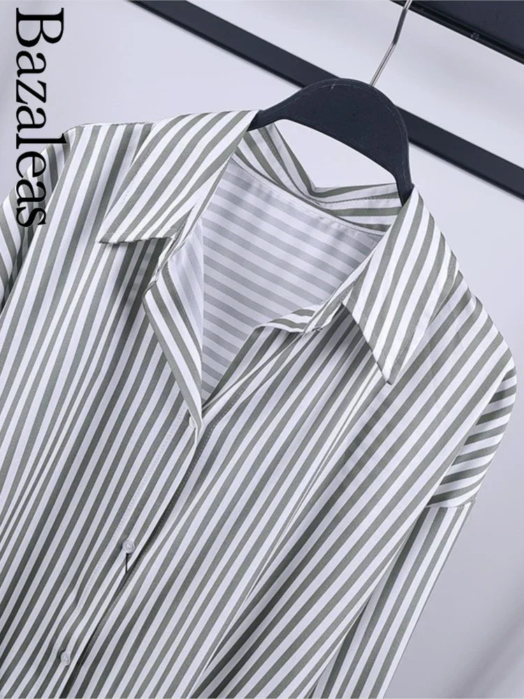 Loose Green Stripe Print Blouse – Single Breasted Casual Shirt Top - The Little Market Shop