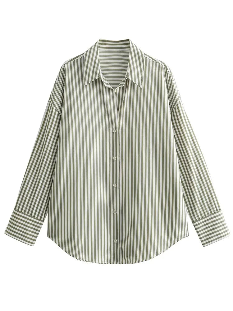Loose Green Stripe Print Blouse – Single Breasted Casual Shirt Top - The Little Market Shop