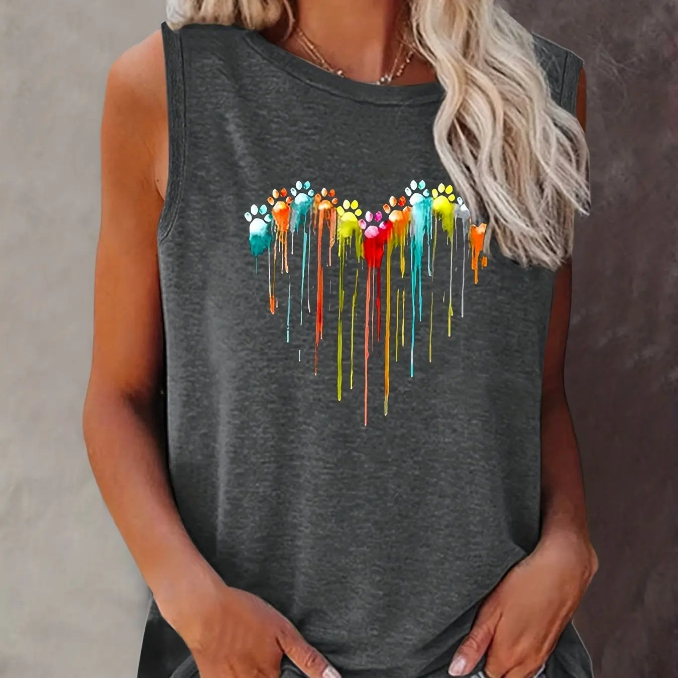 Women's Colorful Paw Print Summer Tank Top Loose Fit, Sleeveless T-Shirt - The Little Market Shop