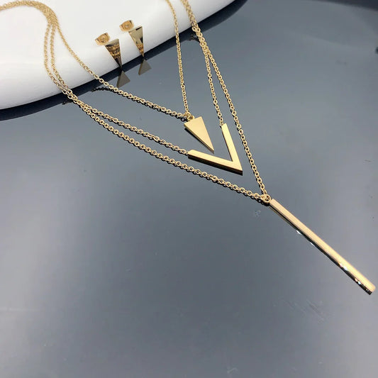 Stainless Steel V‑Shape Layered Necklace & Earrings Gift Set – 3 pcs - The Little Market Shop