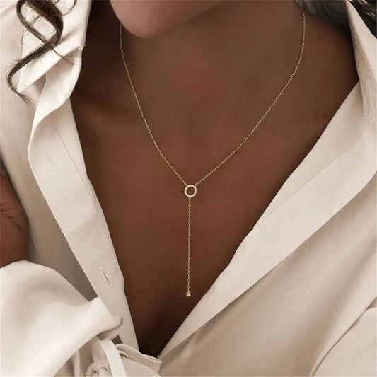 Sterling Silver Zircon Circle Pendant Choker Necklace for Women - The Little Market Shop