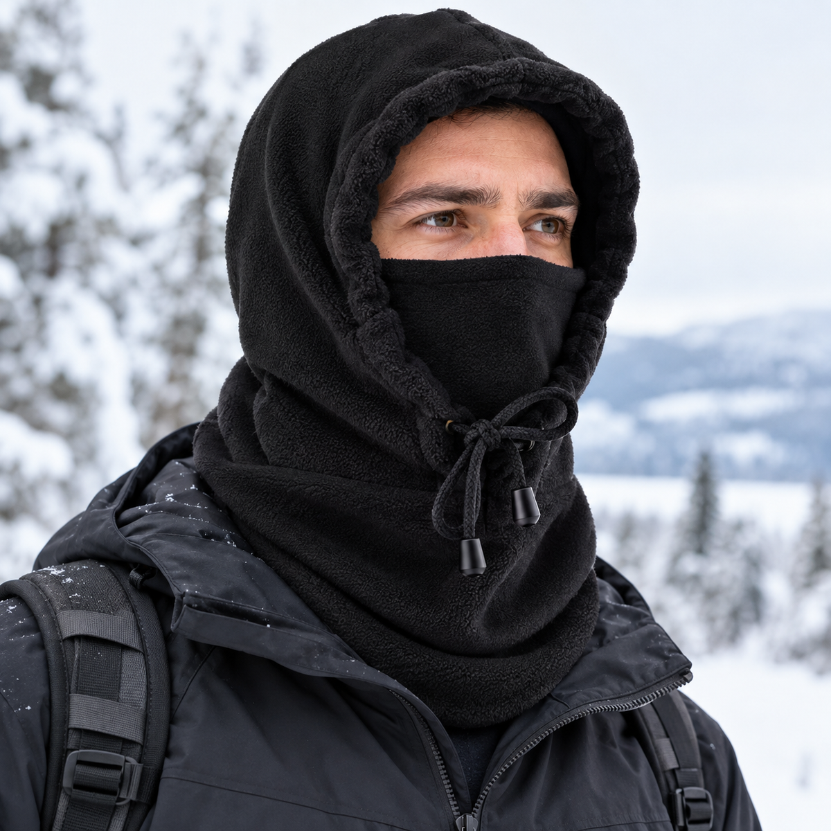 Man wearing a black fleece balaclava and winter jacket in a snowy outdoor setting