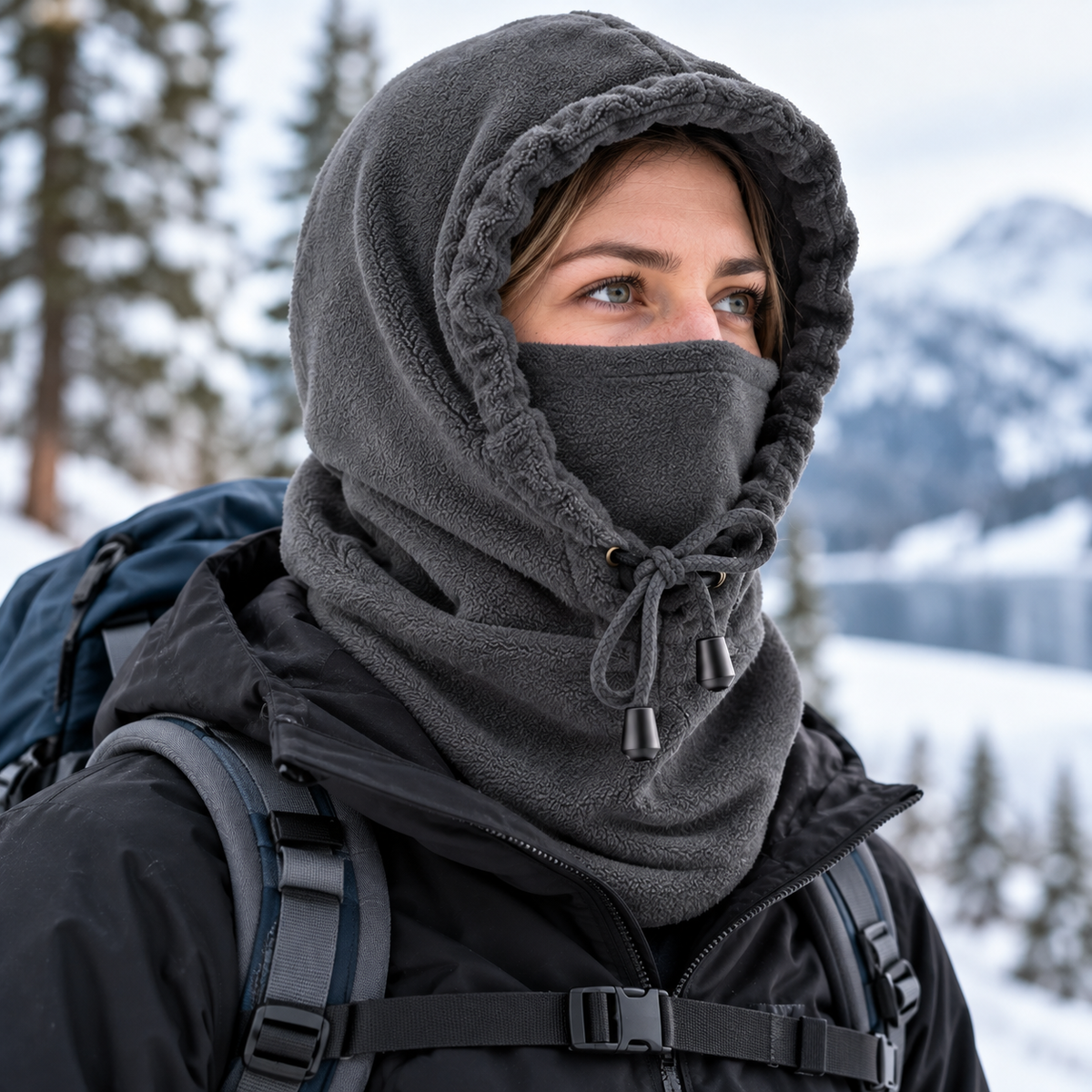 Woman wearing a dark grey fleece balaclava with drawstring hood on a winter walk