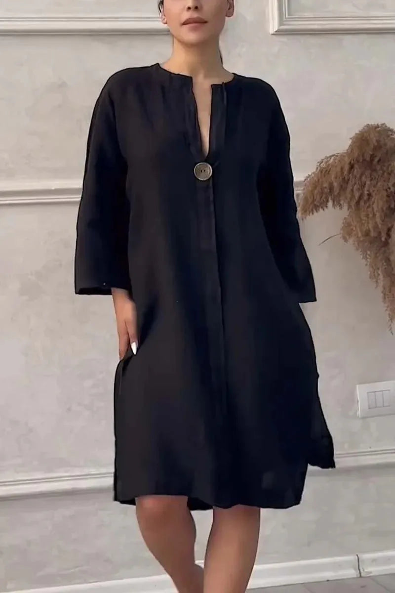 Elegant Women’s V-Neck Summer Dress – Cotton Hemp Long Sleeve Mid-Length - The Little Market Shop