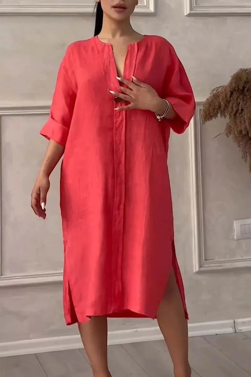 Elegant Women’s V-Neck Summer Dress – Cotton Hemp Long Sleeve Mid-Length - The Little Market Shop
