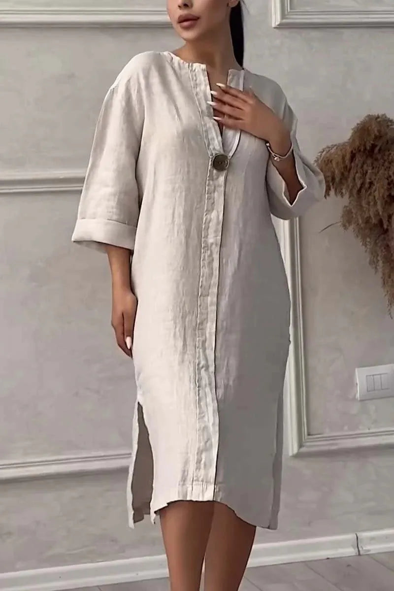 Elegant Women’s V-Neck Summer Dress – Cotton Hemp Long Sleeve Mid-Length - The Little Market Shop