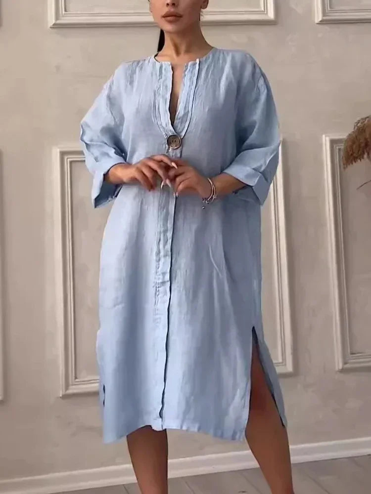 Elegant Women’s V-Neck Summer Dress – Cotton Hemp Long Sleeve Mid-Length - The Little Market Shop