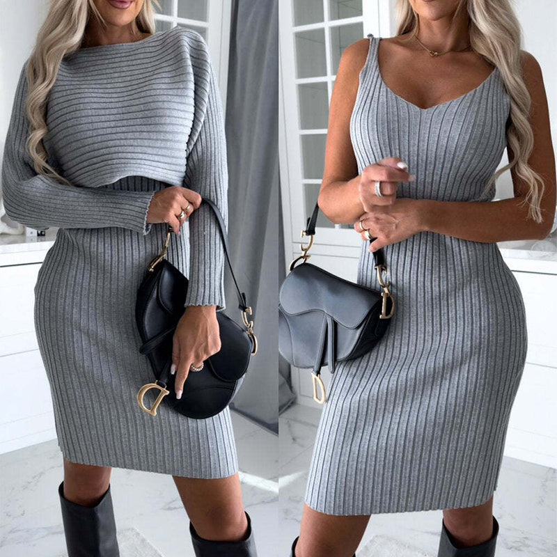 Women’s 2-Piece Outfit – Long Sleeve Stripe Top & Slim Suspender Skirt Set for Autumn/Winter - The Little Market Shop