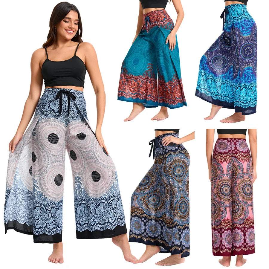 Women's Boho Palazzo Pants – Wide Leg Yoga Wrap Trousers, Soft & Flowy - The Little Market Shop