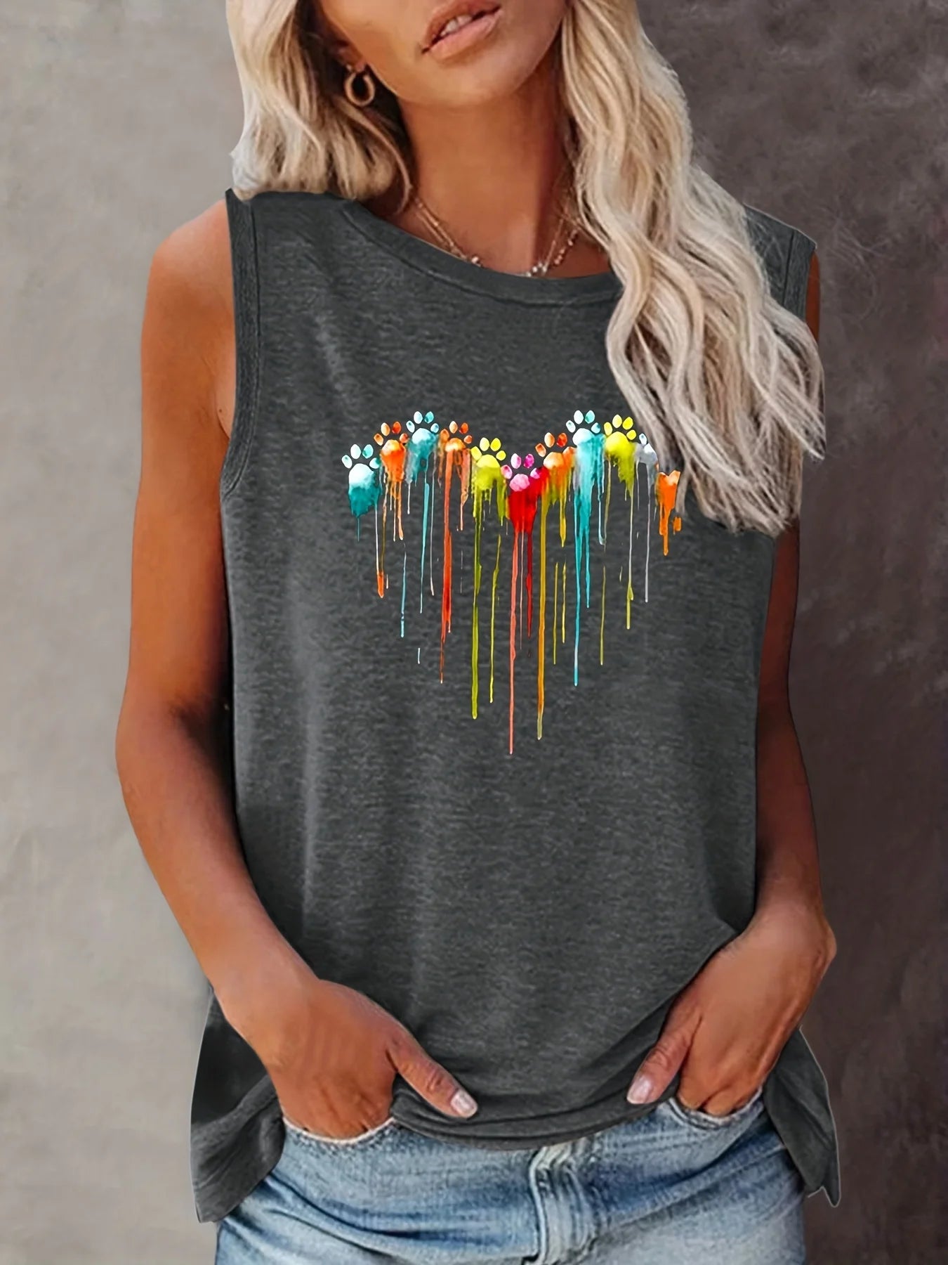 Women's Colorful Paw Print Summer Tank Top Loose Fit, Sleeveless T-Shirt - The Little Market Shop
