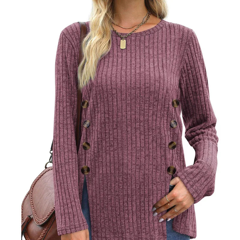 Women’s Autumn Winter Loose Button T-Shirt Casual Soft Long Sleeve Top - The Little Market Shop