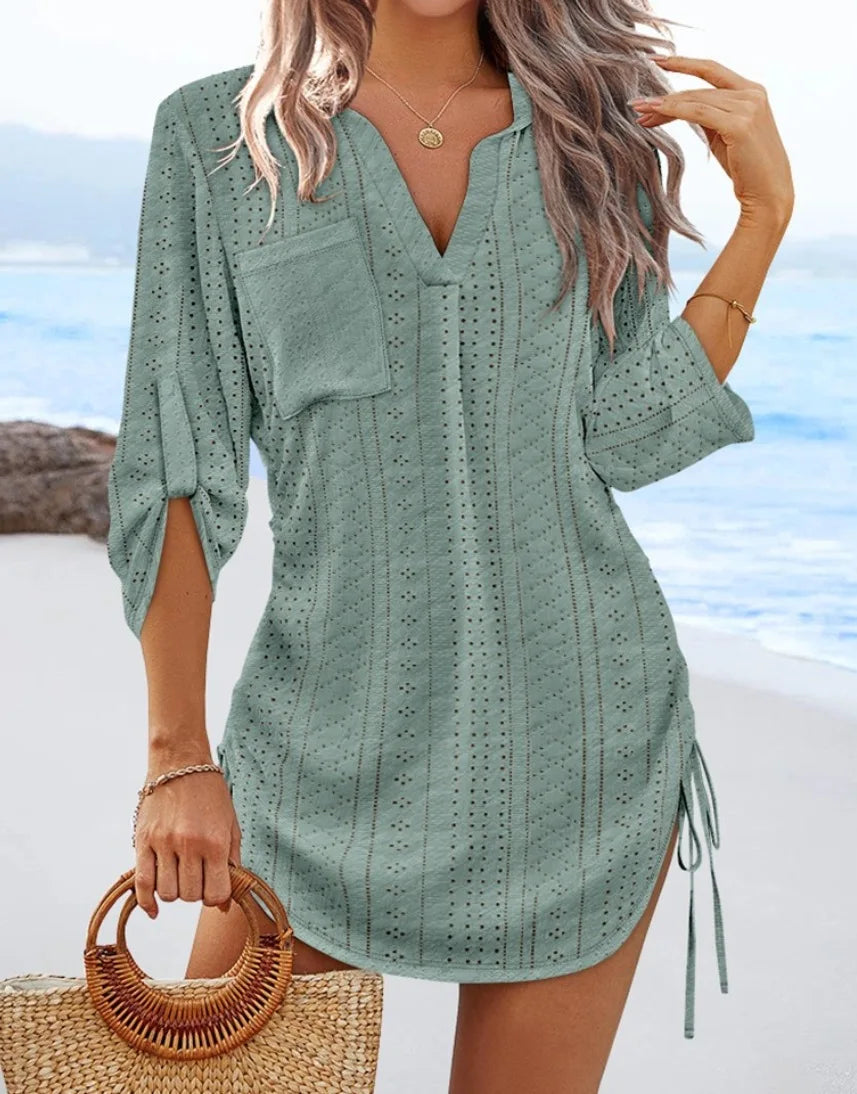 Women’s V-Neck Mini Dress Long Sleeve Beachwear - The Little Market Shop
