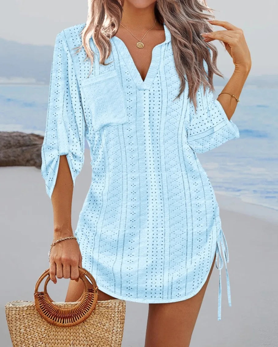 Women’s V-Neck Mini Dress Long Sleeve Beachwear - The Little Market Shop