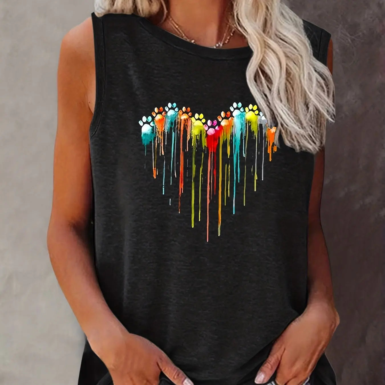 Women's Colorful Paw Print Summer Tank Top Loose Fit, Sleeveless T-Shirt - The Little Market Shop