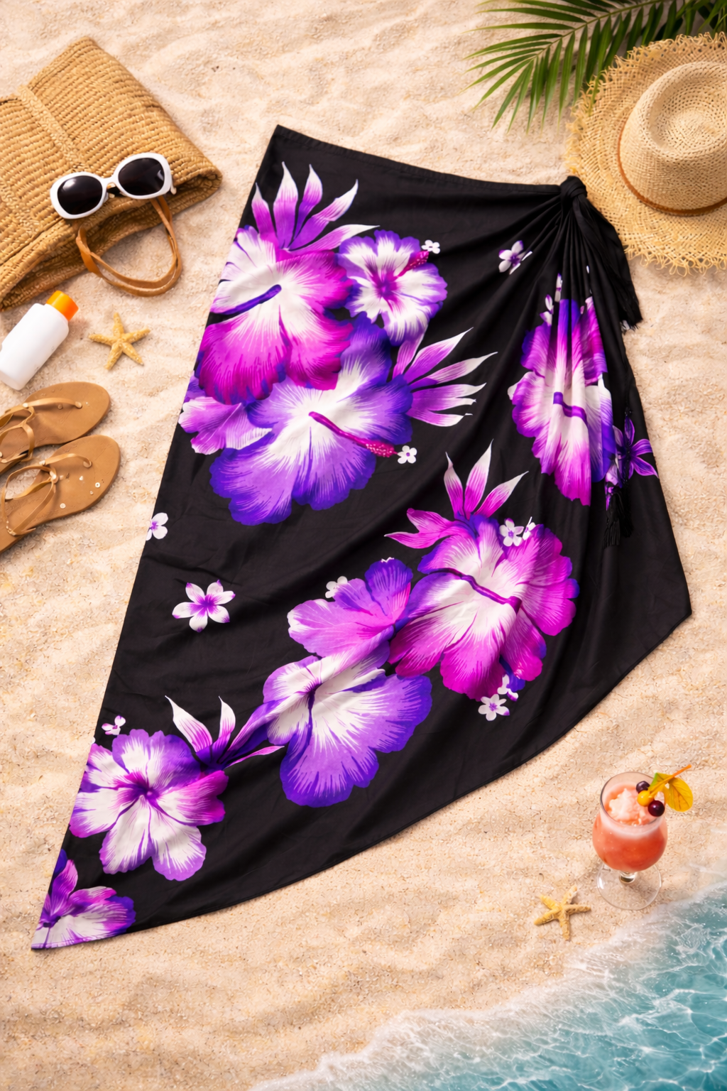 Black & Purple Floral Beach Sarong – Elegant Resort Cover-Up for Holidays & Poolside