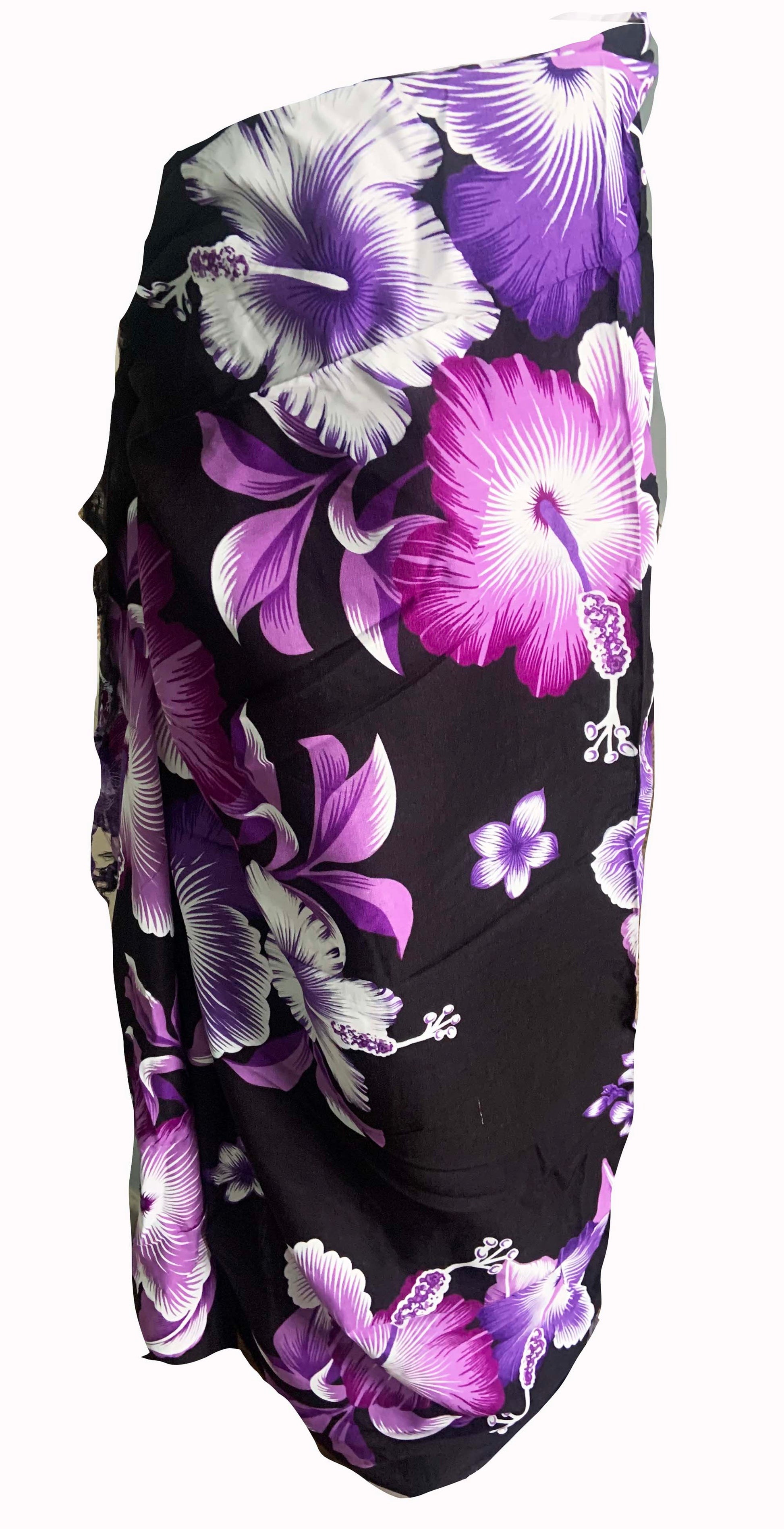 Elegant Black Sarong with Purple Flower Pattern - Sophisticated Beach Cover-Up - The Little Market Shop