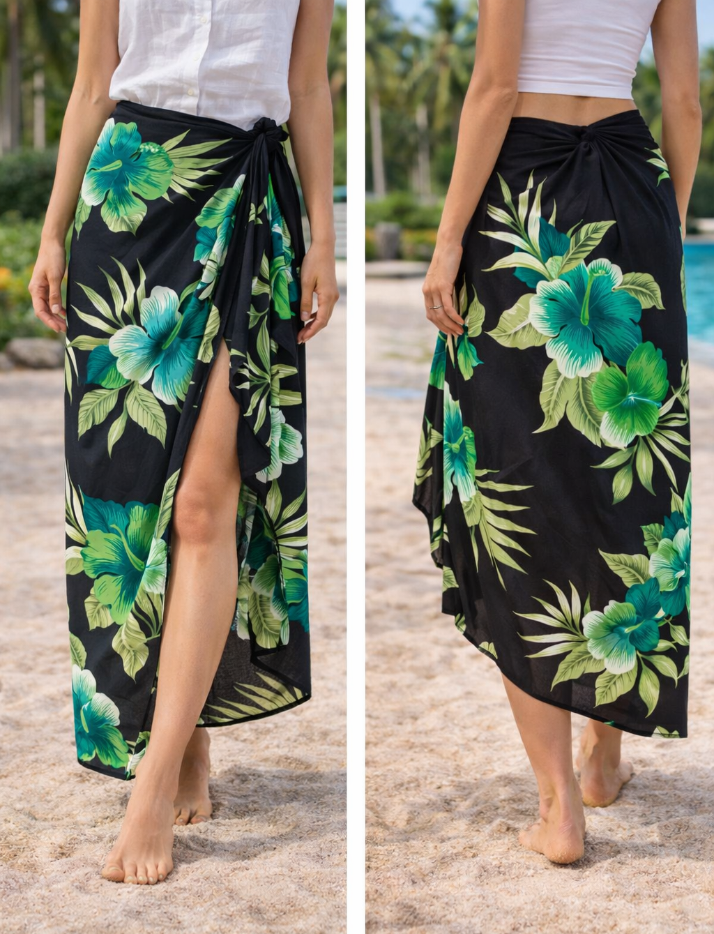 Elegant Black Sarong with Green Flower Pattern  - Sophisticated Beach Cover-Up
