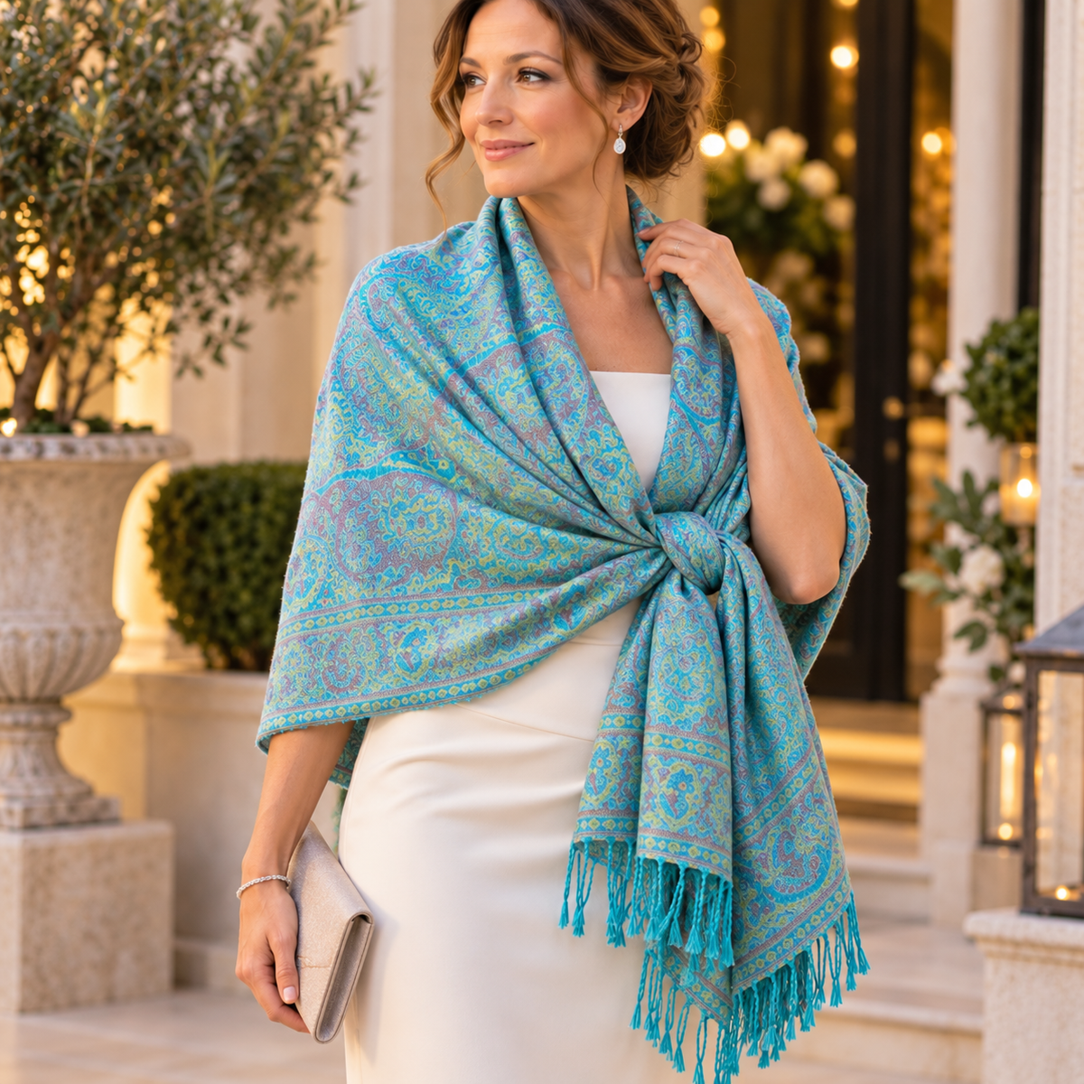 Woman wearing turquoise paisley pashmina shawl tied over ivory dress