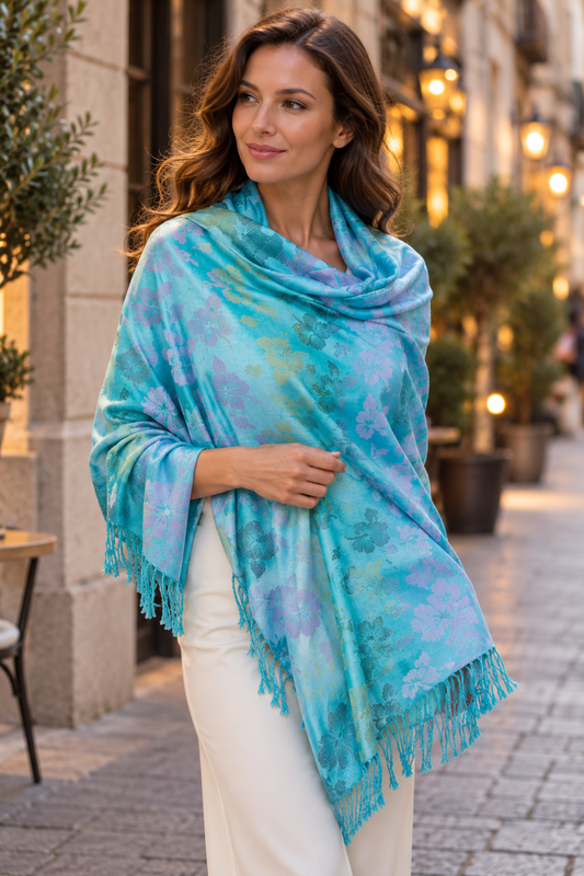 Woman wearing blue floral cashmere shawl over shoulders