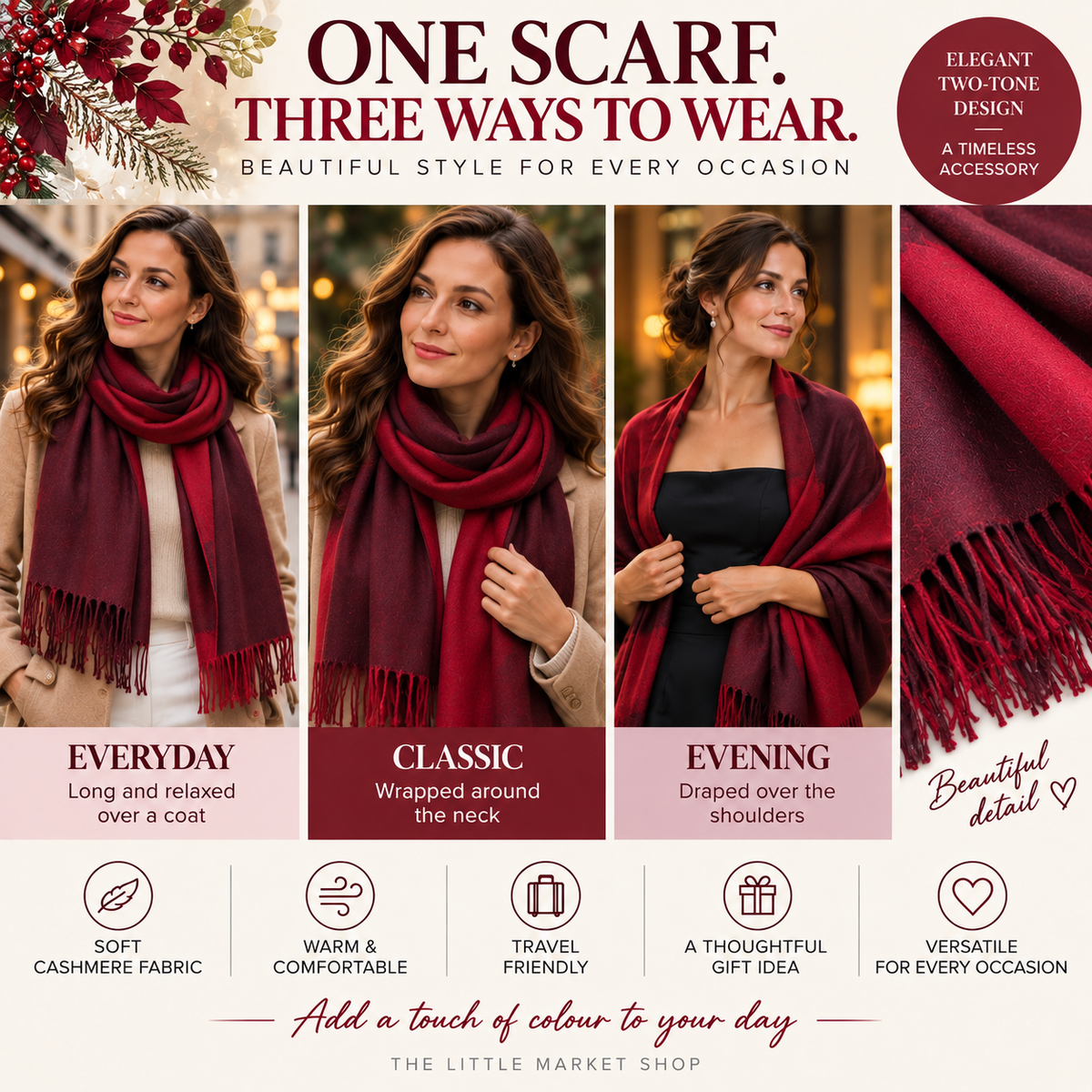 Two-tone burgundy reversible cashmere scarf styling guide showing three ways to wear