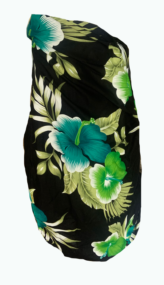 Elegant Black Sarong with Green Flower Pattern - Sophisticated Beach Cover-Up - The Little Market Shop