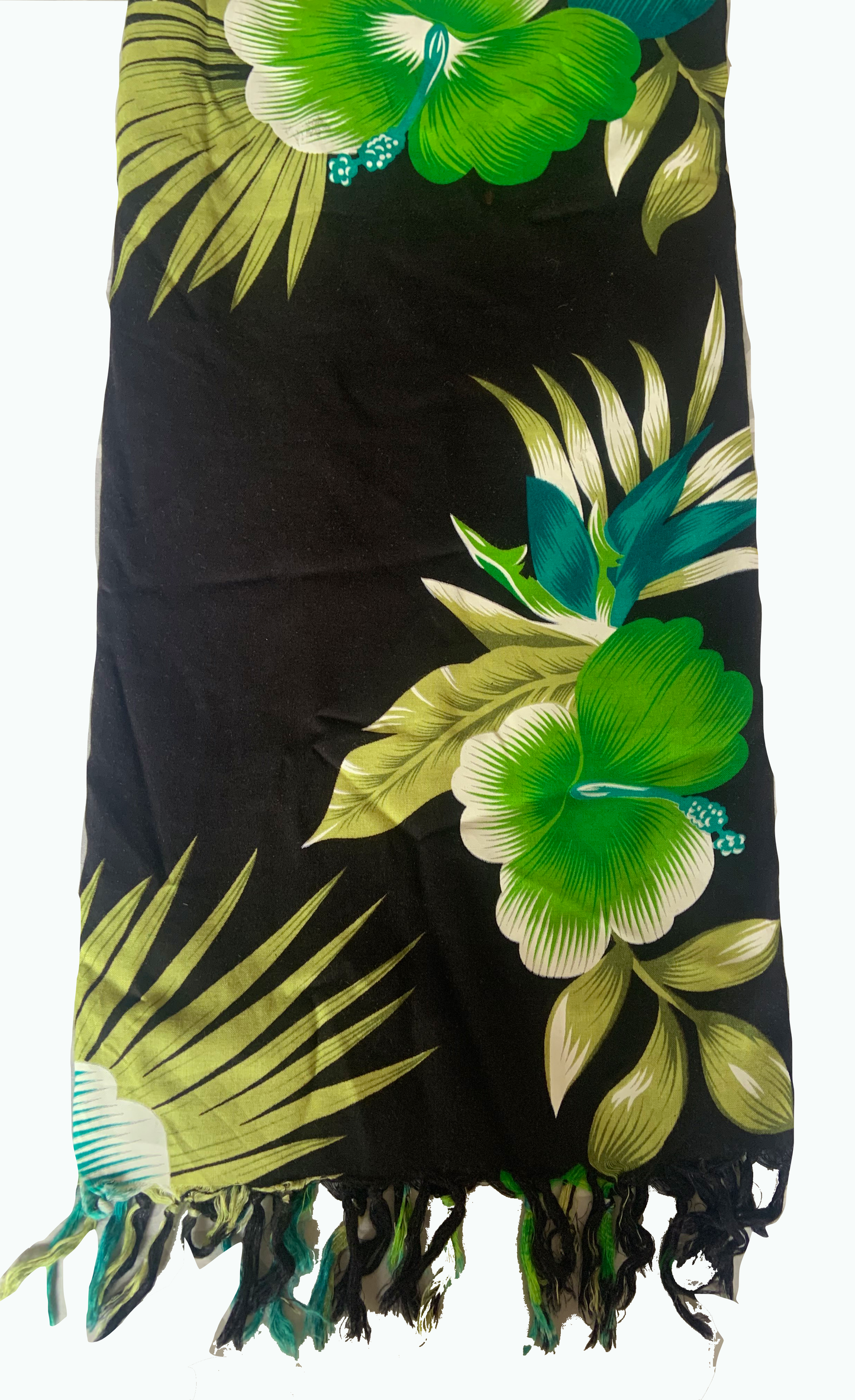 Elegant Black Sarong with Green Flower Pattern - Sophisticated Beach Cover-Up - The Little Market Shop