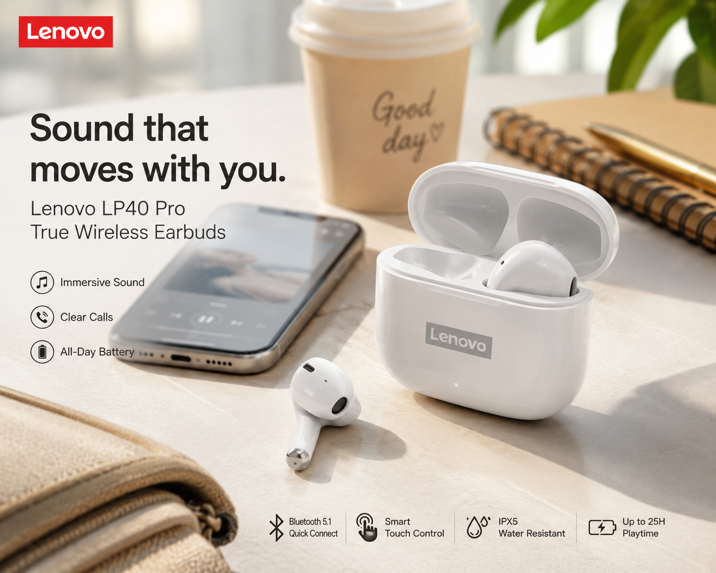 Lenovo LP40Pro TWS Bluetooth earbuds with charging case on desk