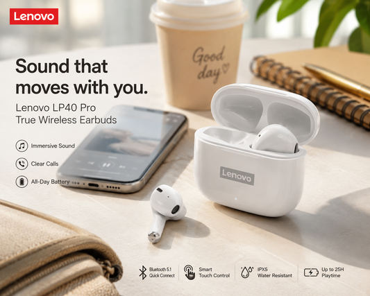 Lenovo LP40Pro TWS Bluetooth earbuds with charging case on desk