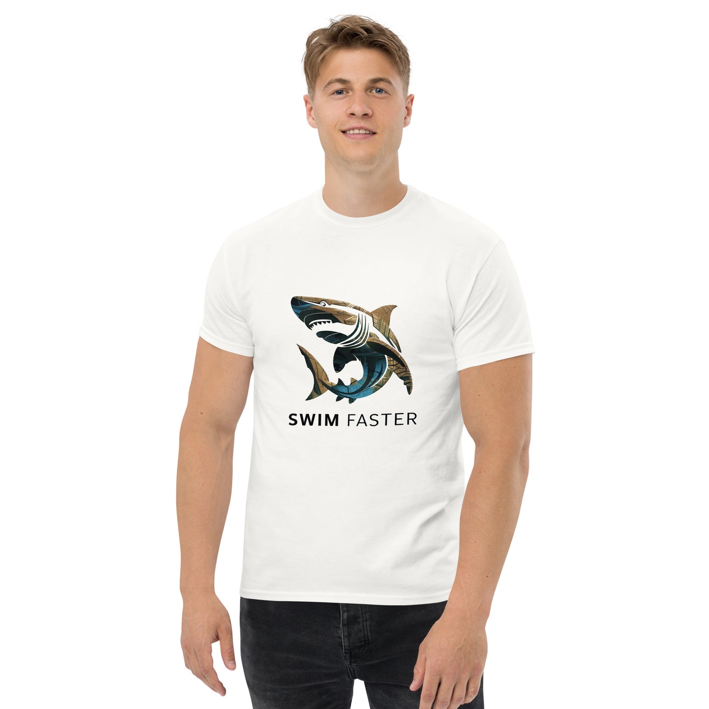 Shark logo design " Swim Faster " Men's classic tee - The Little Market Shop