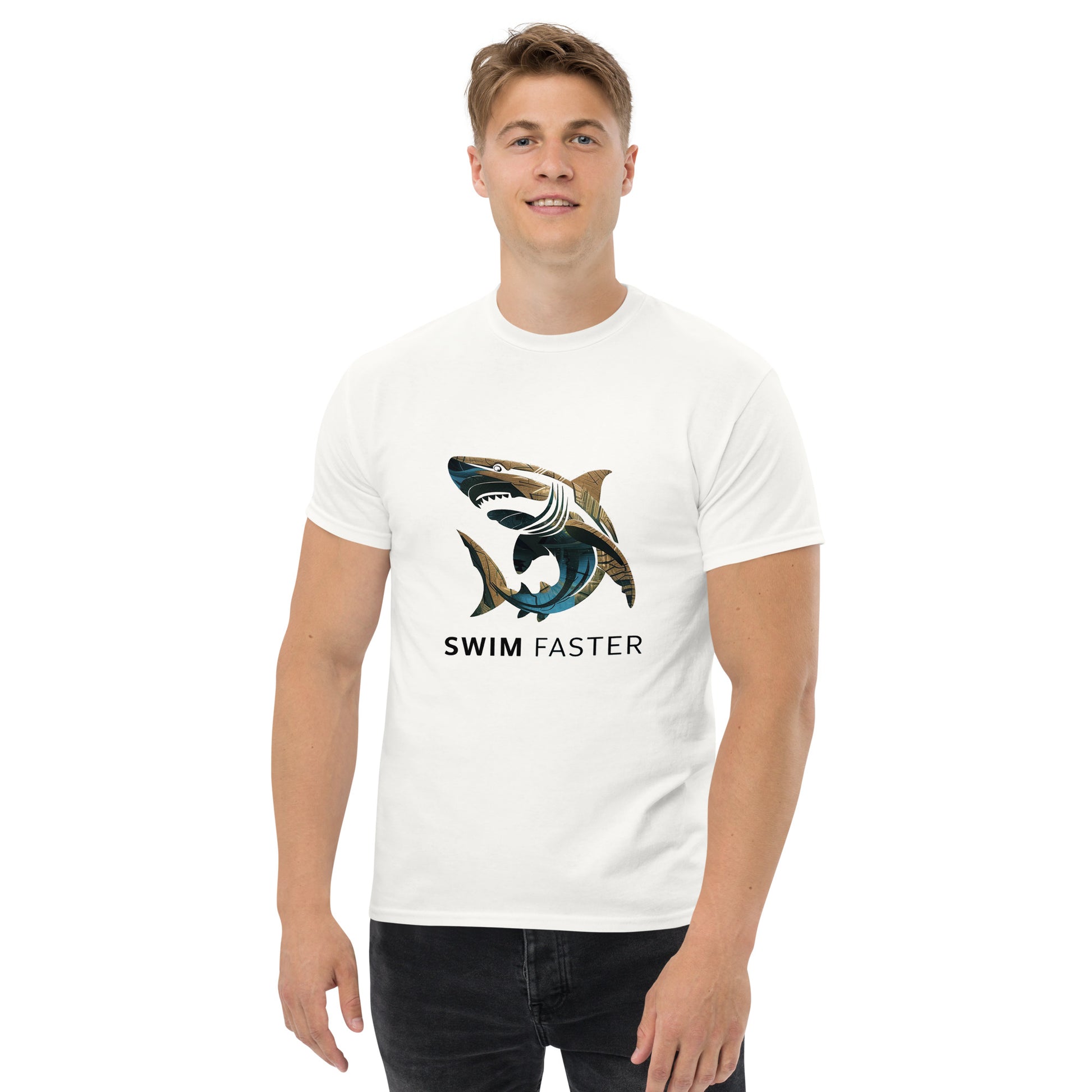Shark logo design " Swim Faster " Men's classic tee - The Little Market Shop