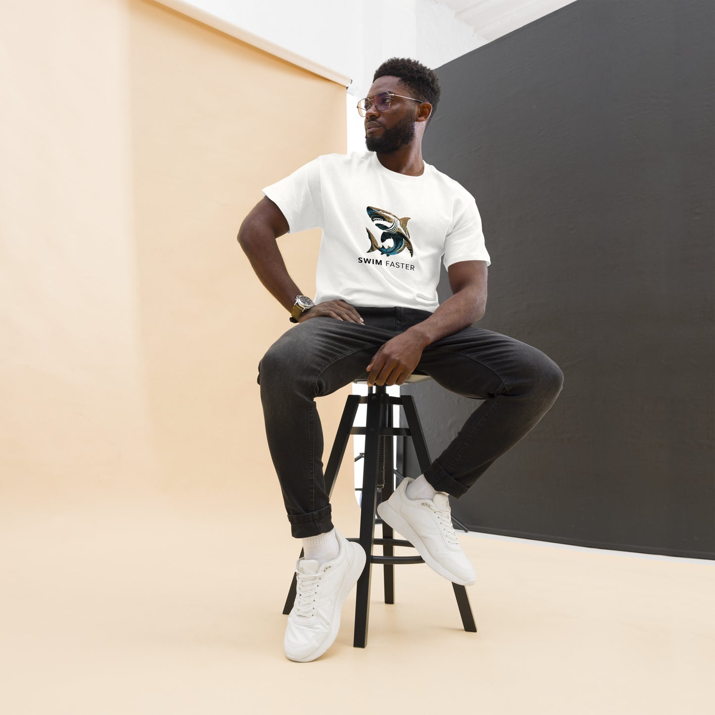 Shark logo design " Swim Faster " Men's classic tee - The Little Market Shop