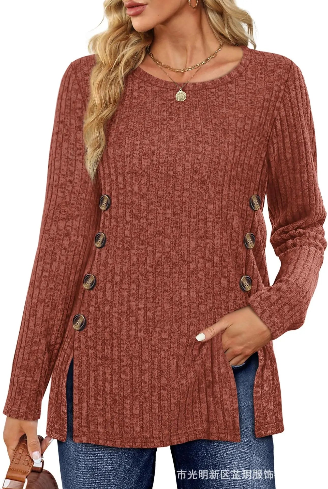 Women’s Autumn Winter Loose Button T-Shirt Casual Soft Long Sleeve Top - The Little Market Shop